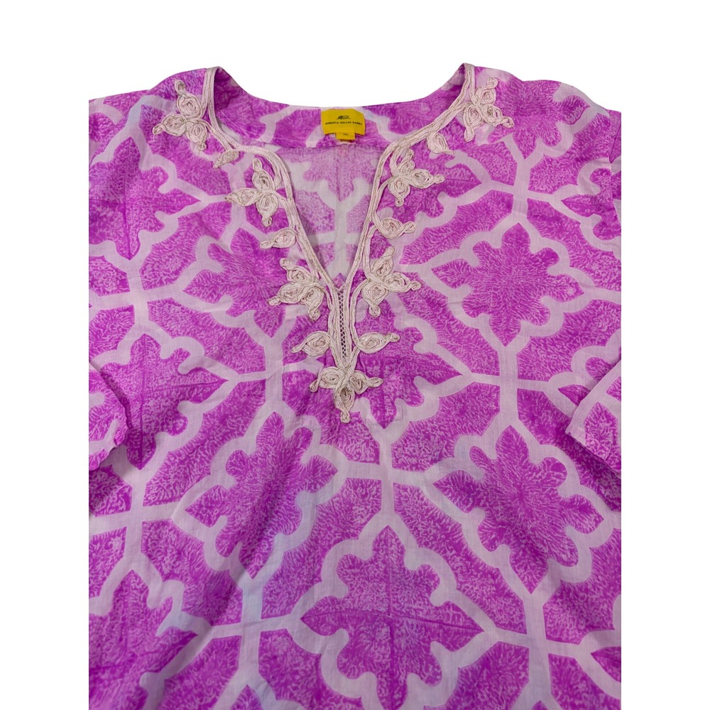 Roberta Roller Rabbit Pink Cotton Geometric Embroidered Tunic Kaftan Top XL